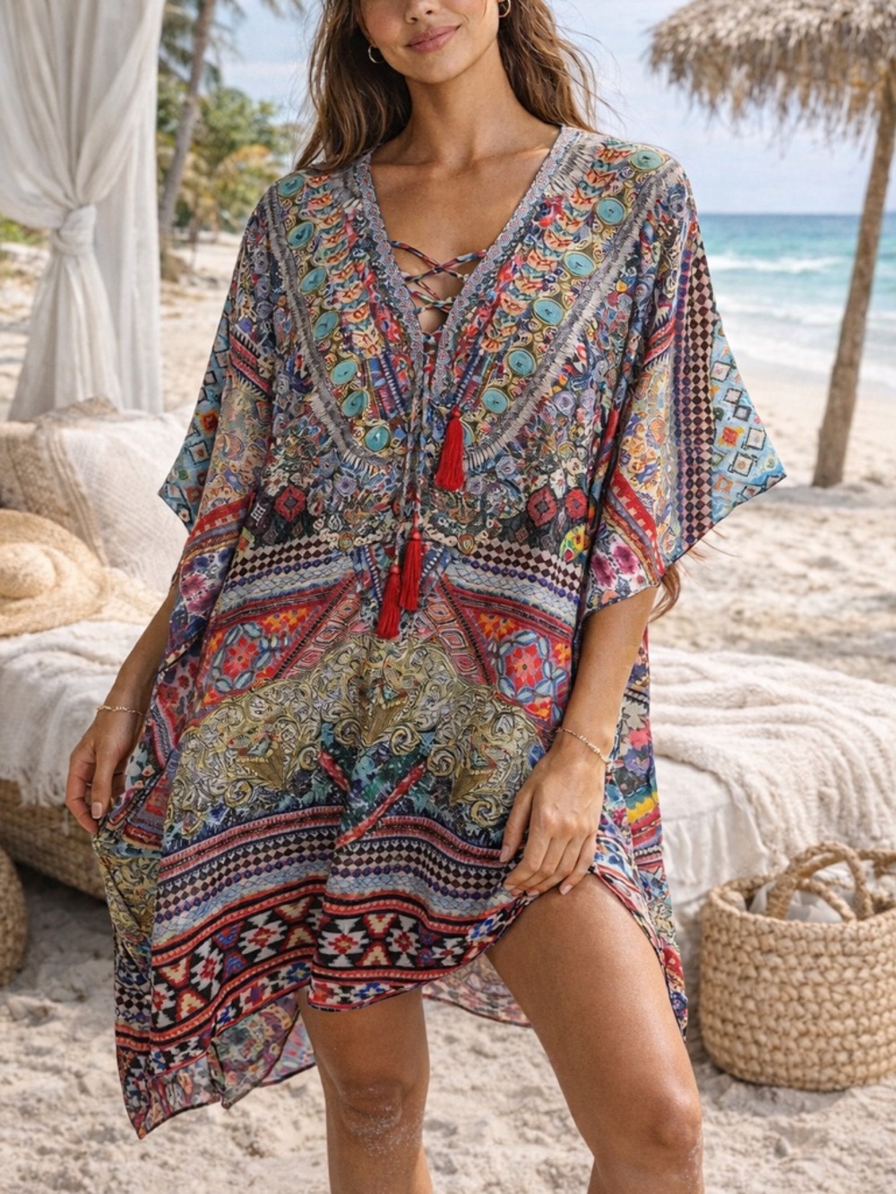 Sakkas Multicolor Printed Kaftan Cover Up Tassel Tie One Size Boho Resort